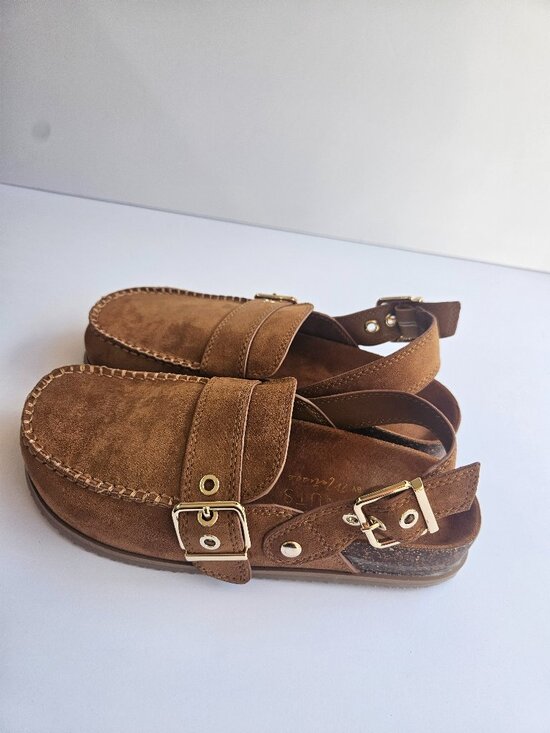 Coconuts by Matisse Shoes - Brown Suede Buckle Clog Mule Slingback Cork Footbed Flat 7 NWT